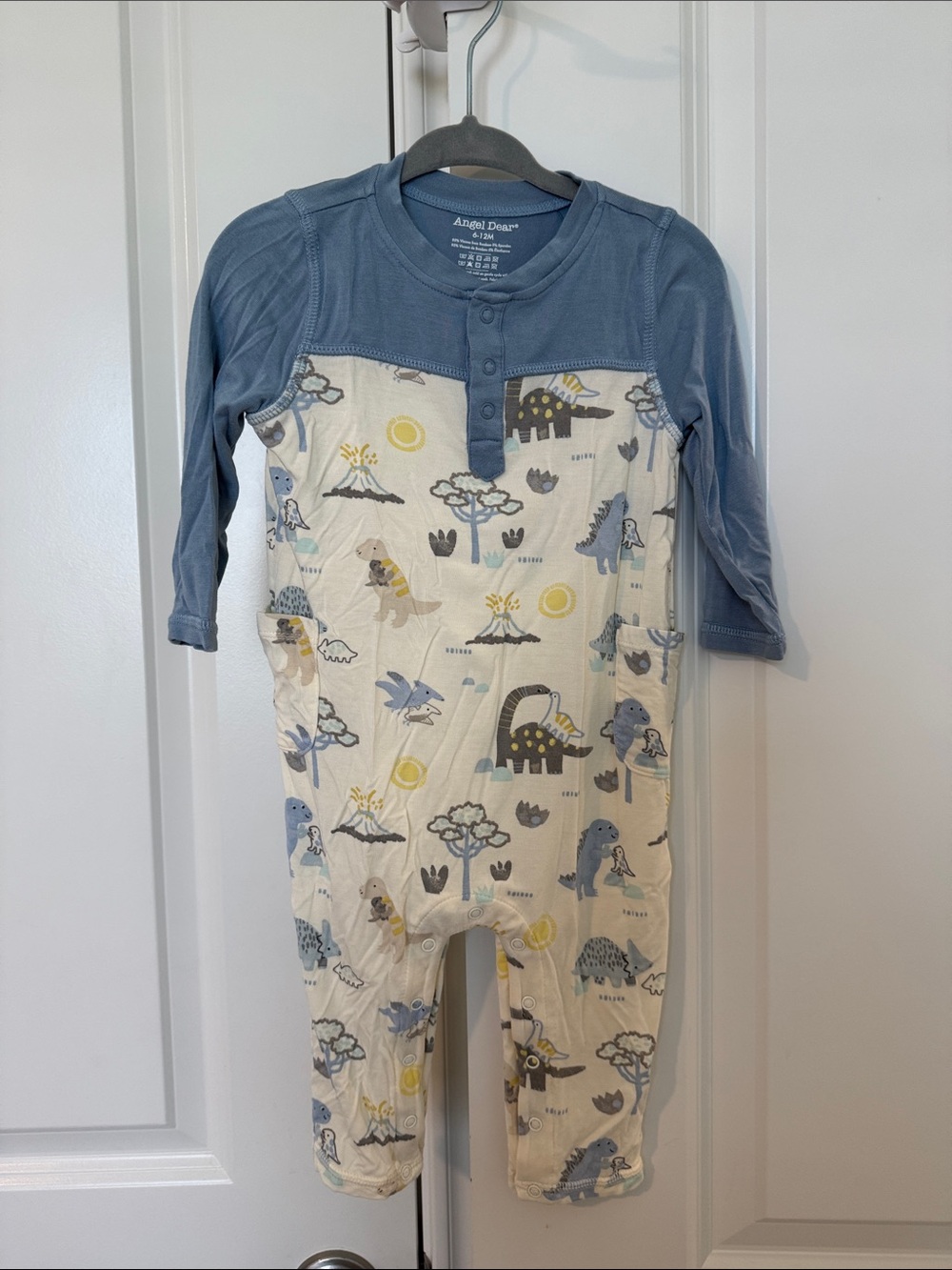 Angel Dear Blue & Cream Dino Print Romper
